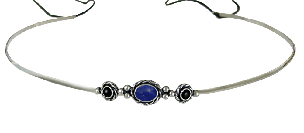 Sterling Silver Renaissance Style Exquisite Headpiece Circlet Tiara With Lapis Lazuli And Black Onyx